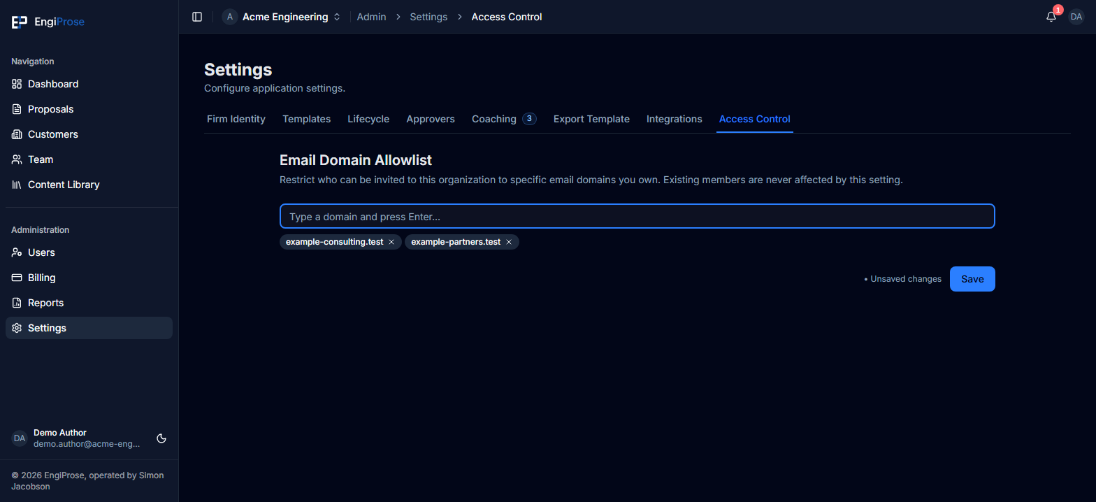 The Access Control settings page shows the Email Domain Allowlist with example-consulting.test and example-partners.test as domain chips, an enabled Save button, and an Unsaved changes indicator.