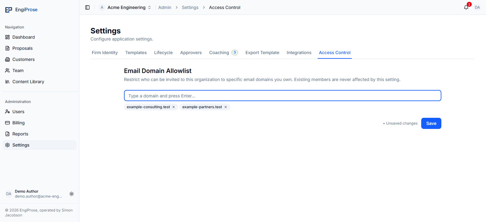 The Access Control settings page shows the Email Domain Allowlist with example-consulting.test and example-partners.test as domain chips, an enabled Save button, and an Unsaved changes indicator.