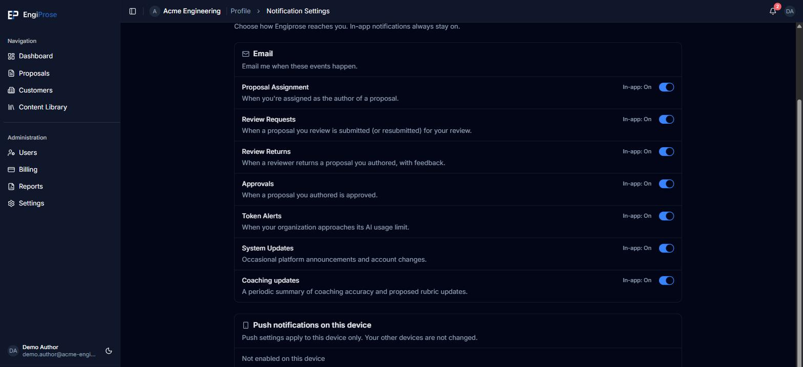 The Notification Settings Email section, listing seven categories each with an In-app: On label and an email toggle