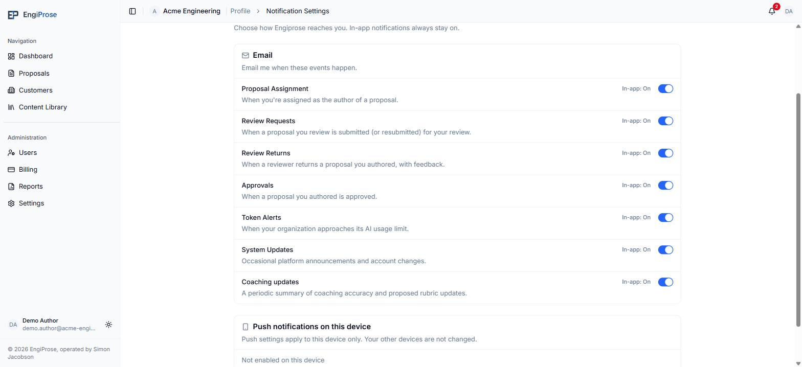 The Notification Settings Email section, listing seven categories each with an In-app: On label and an email toggle