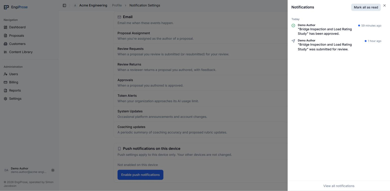 The Notifications panel open from the bell, grouped by day, with a Mark all as read button and a View all notifications link