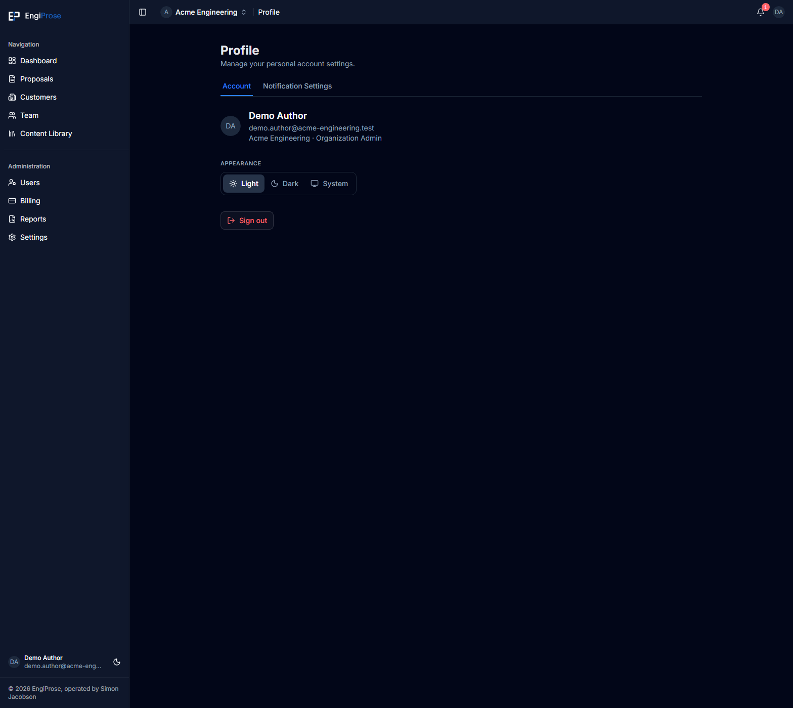 The Account page with a signed-in user's identity, active organization and Organization Admin role, appearance choices, and Sign out action