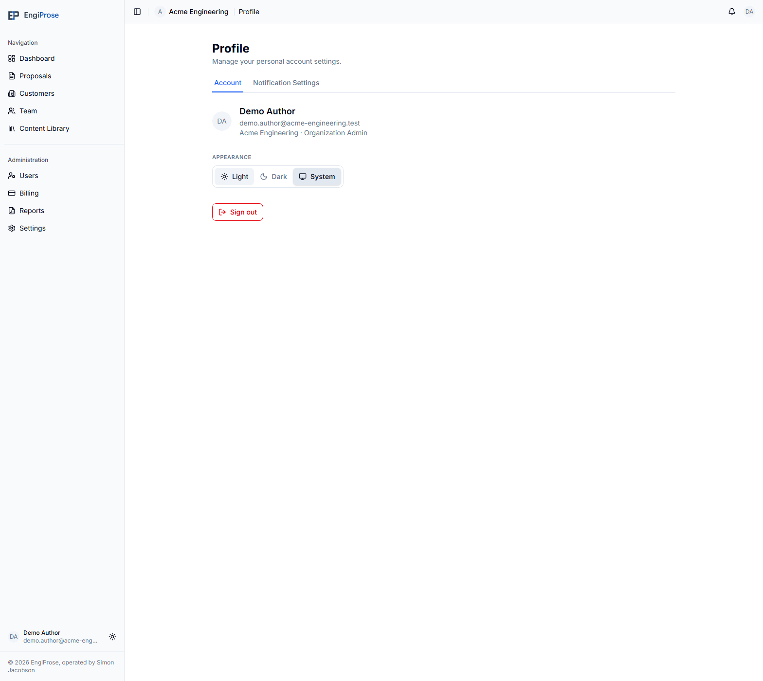 The Account page with a signed-in user's identity, active organization and Organization Admin role, appearance choices, and Sign out action
