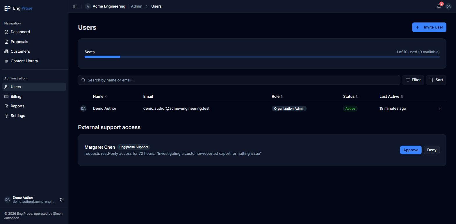 The External support access section with a pending request row showing the requester's name, an Engiprose Support badge, the requested duration and reason, and Approve and Deny buttons