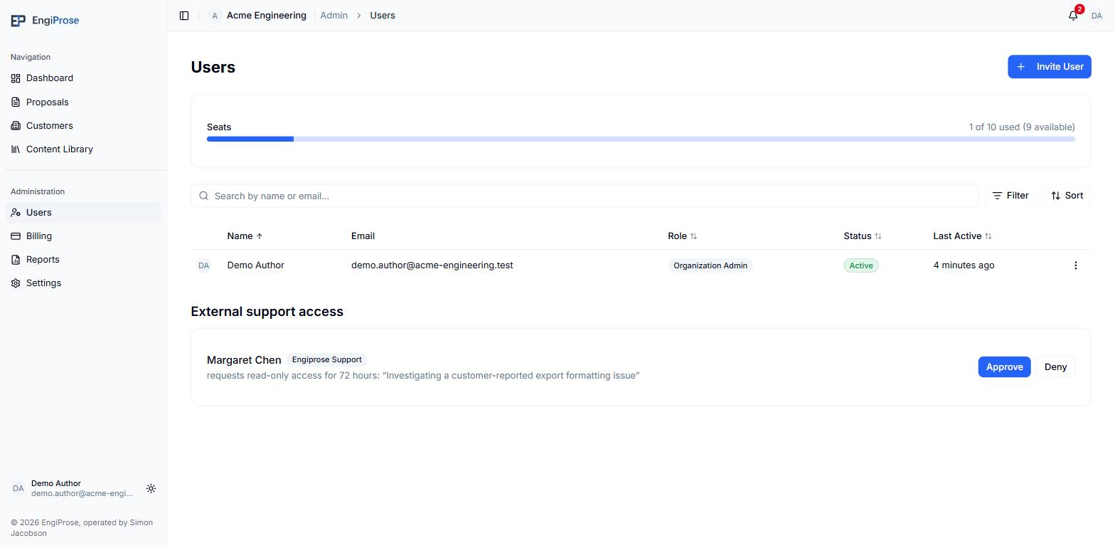 The External support access section with a pending request row showing the requester's name, an Engiprose Support badge, the requested duration and reason, and Approve and Deny buttons