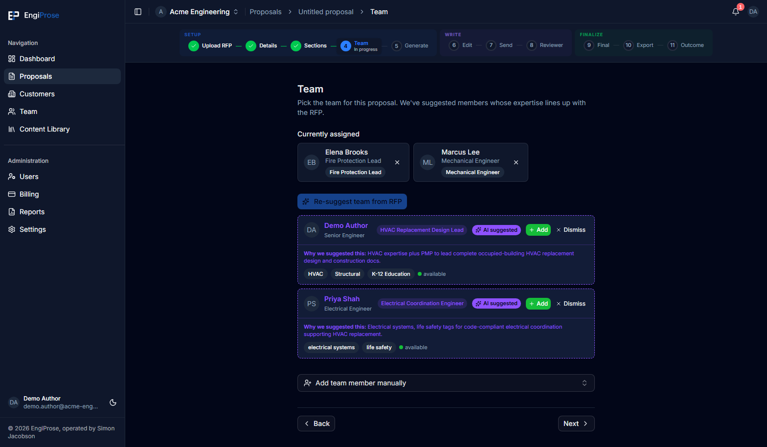 Team setup showing Elena Brooks and Marcus Lee under Currently assigned, plus unresolved AI suggestion cards for Demo Author and Priya Shah with proposed roles, expertise tags, match rationales, and Add or Dismiss controls