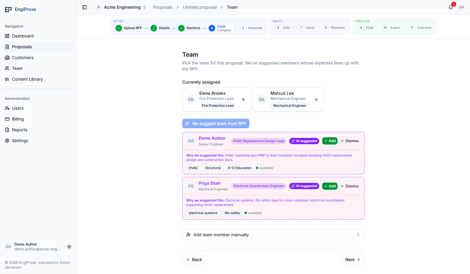 Team setup showing Elena Brooks and Marcus Lee under Currently assigned, plus unresolved AI suggestion cards for Demo Author and Priya Shah with proposed roles, expertise tags, match rationales, and Add or Dismiss controls
