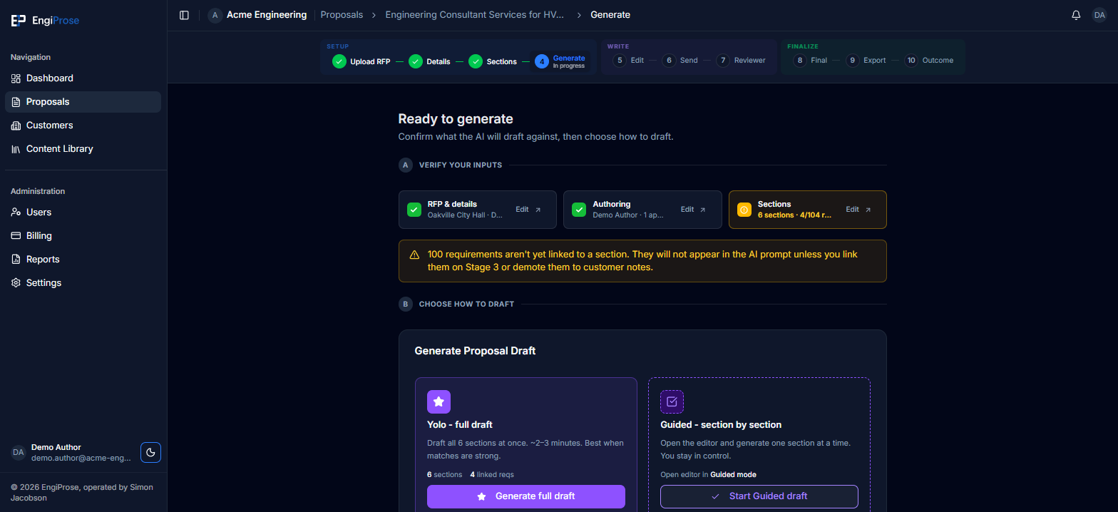 The Generate Proposal Draft panel with a Yolo full draft card and a Guided section by section card side by side