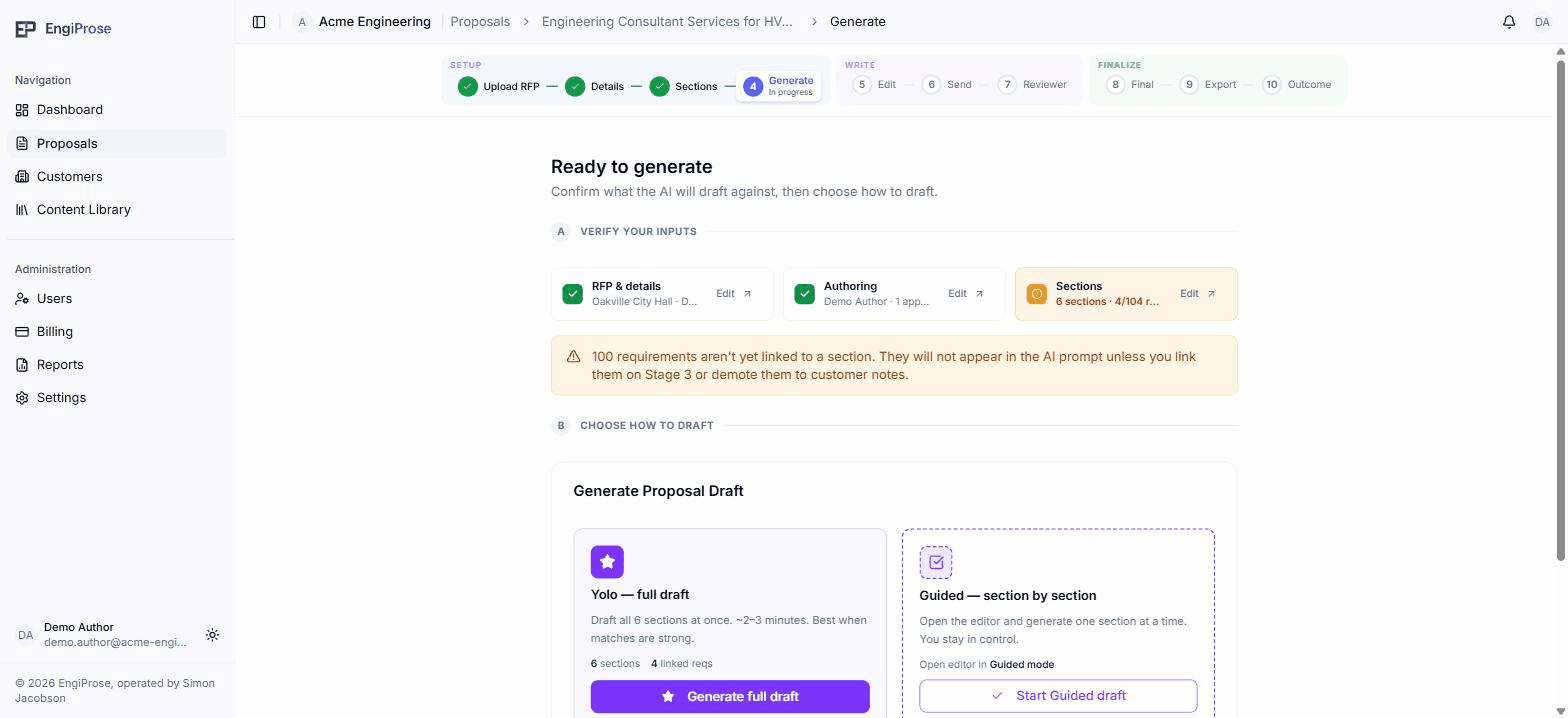 The Generate Proposal Draft panel with a Yolo full draft card and a Guided section by section card side by side