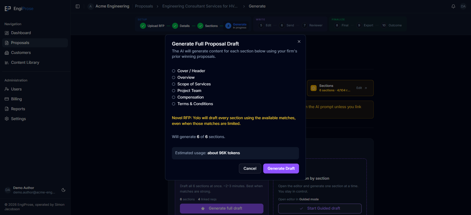 The Generate Full Proposal Draft confirmation dialog listing every section, an estimated token usage figure, and Cancel and Generate Draft buttons