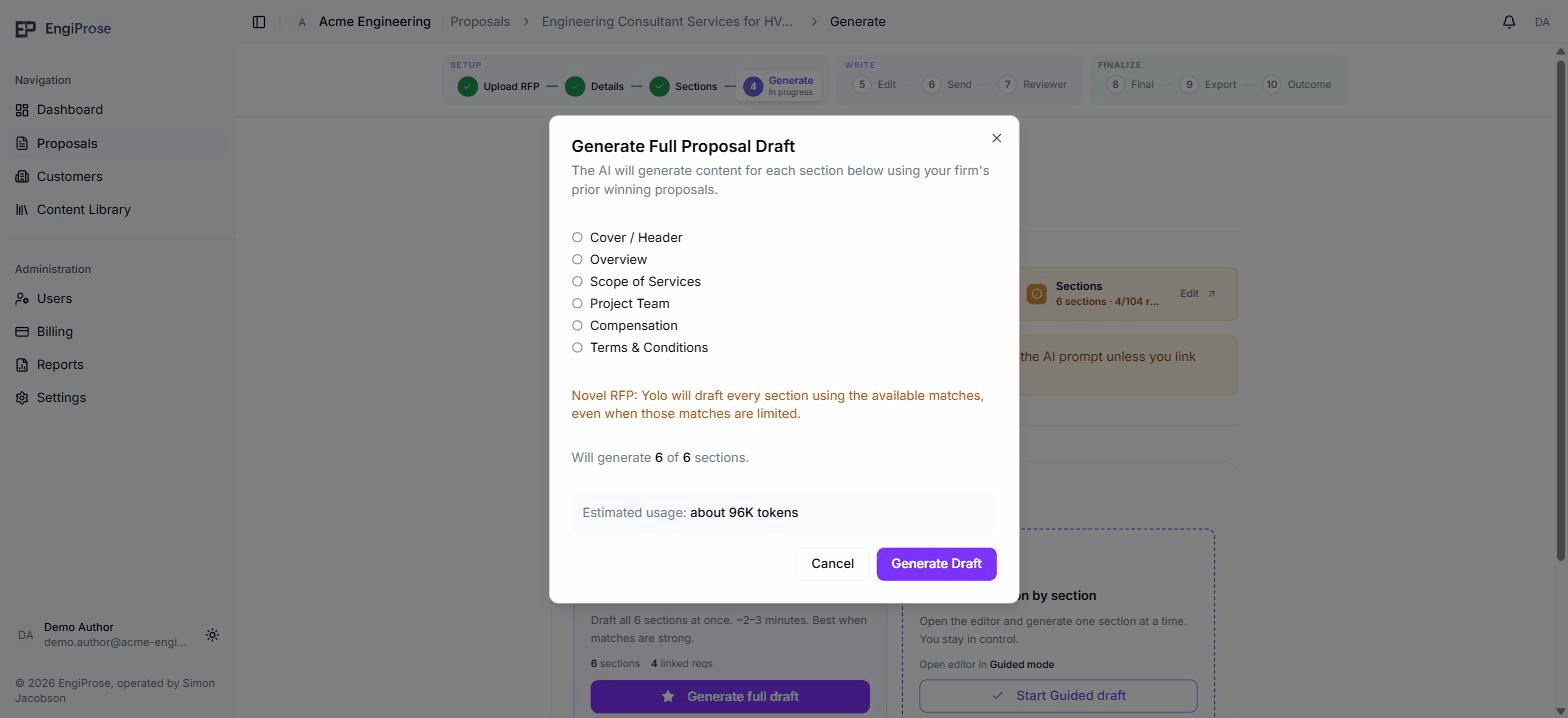 The Generate Full Proposal Draft confirmation dialog listing every section, an estimated token usage figure, and Cancel and Generate Draft buttons