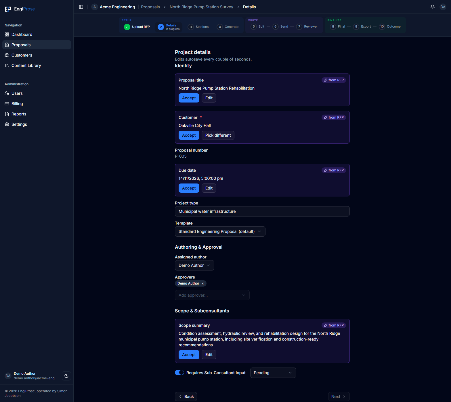 Project details, showing RFP suggestions for identity and scope fields, proposal author and approver choices, and pending sub-consultant input