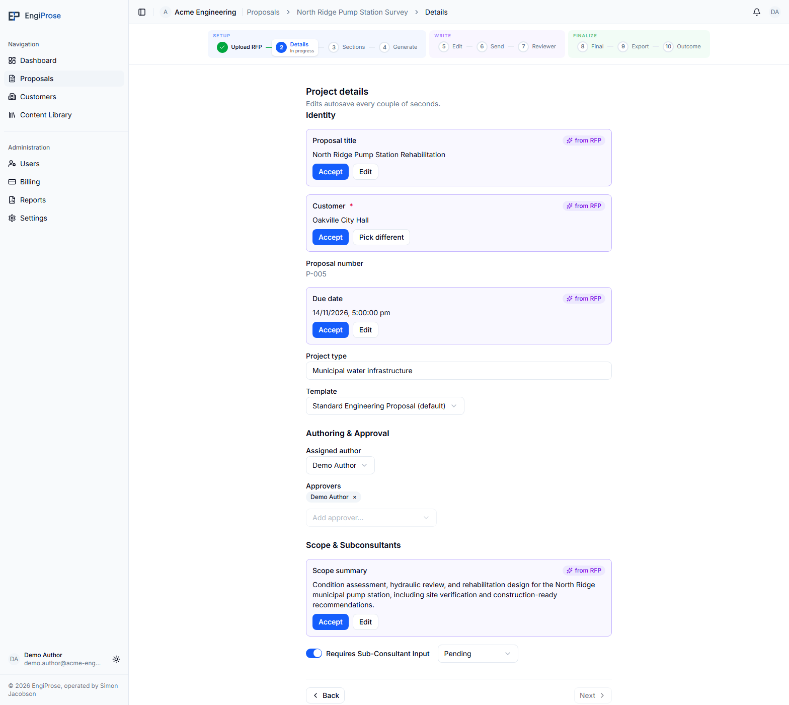 Project details, showing RFP suggestions for identity and scope fields, proposal author and approver choices, and pending sub-consultant input