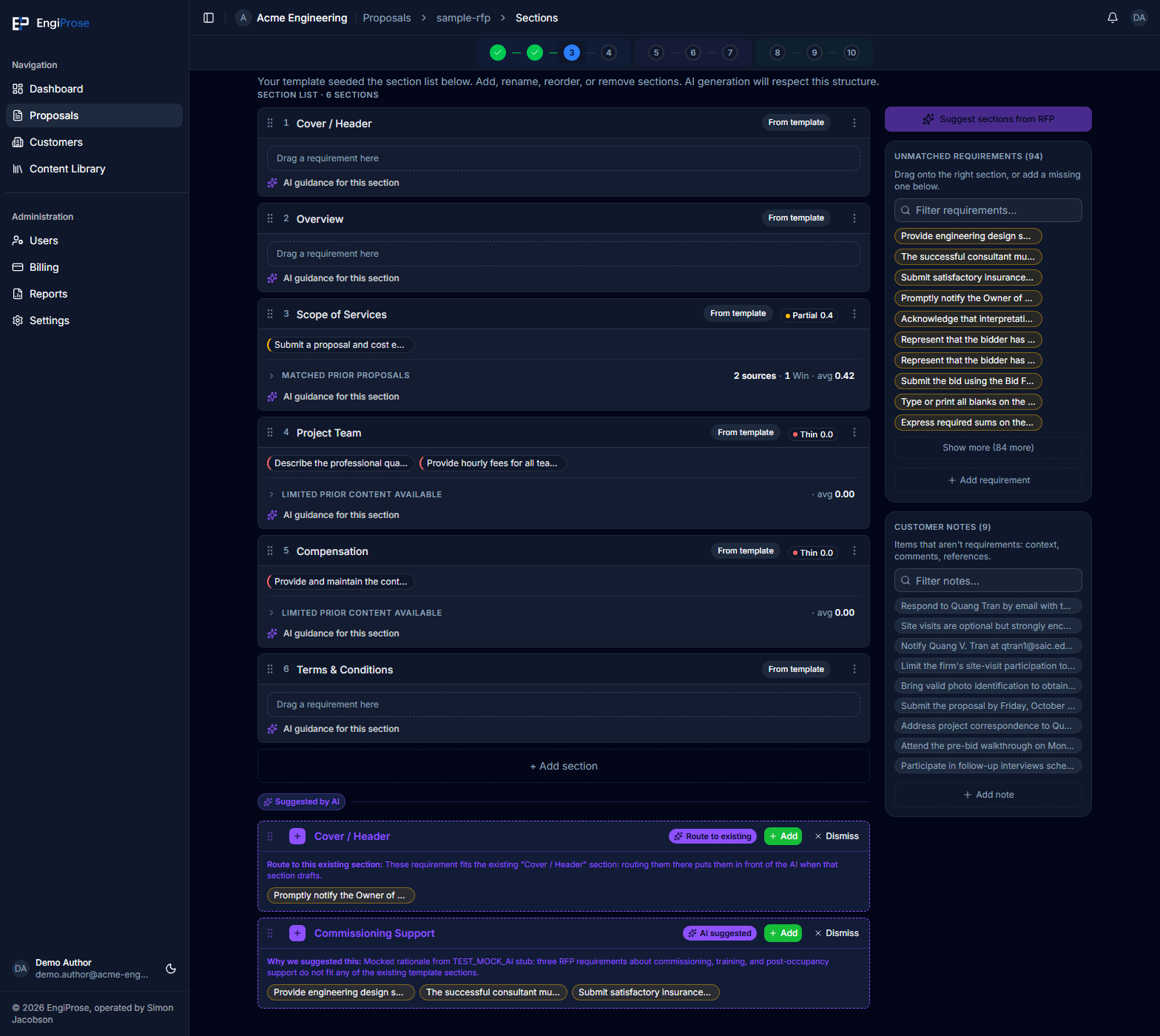 The Sections step, showing template sections and linked requirement chips, unmatched requirements, and AI section suggestions