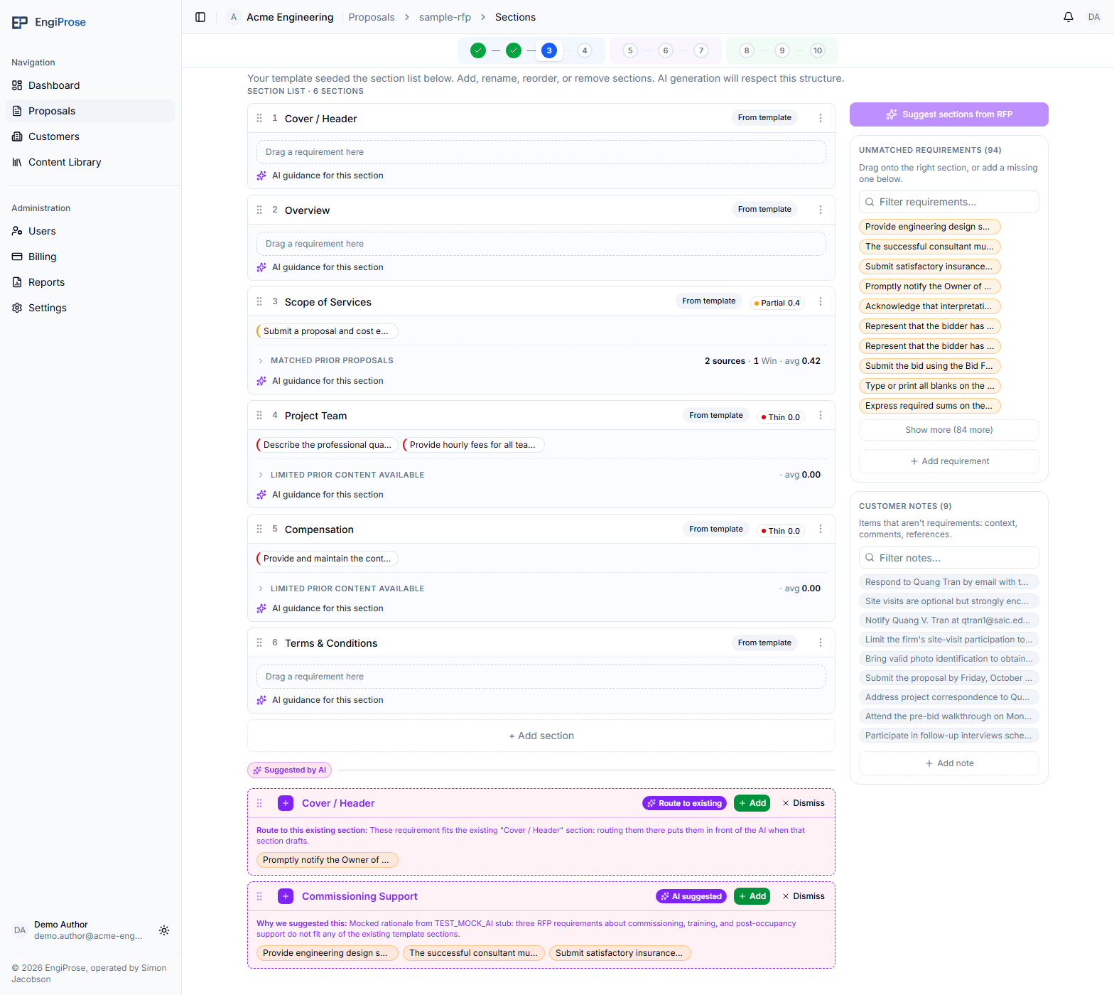 The Sections step, showing template sections and linked requirement chips, unmatched requirements, and AI section suggestions