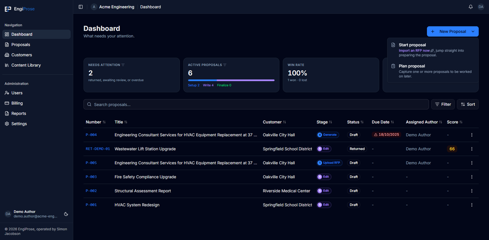 The New Proposal menu, showing Start proposal with the description Import an RFP now, jump straight into preparing the proposal, and Plan proposal with the description Capture one or more proposals to be worked on later