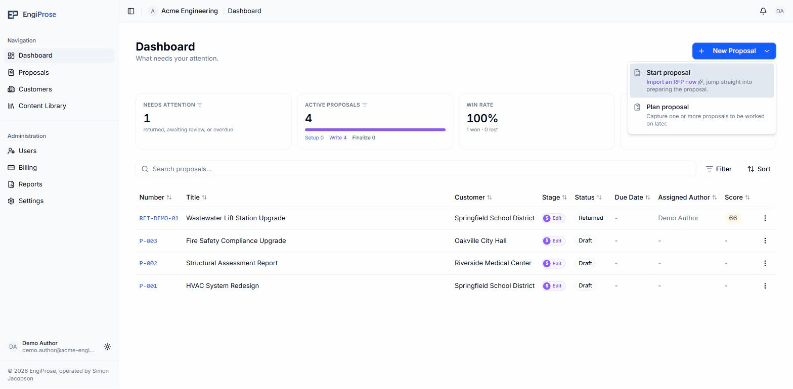 The New Proposal menu, showing Start proposal with the description Import an RFP now, jump straight into preparing the proposal, and Plan proposal with the description Capture one or more proposals to be worked on later