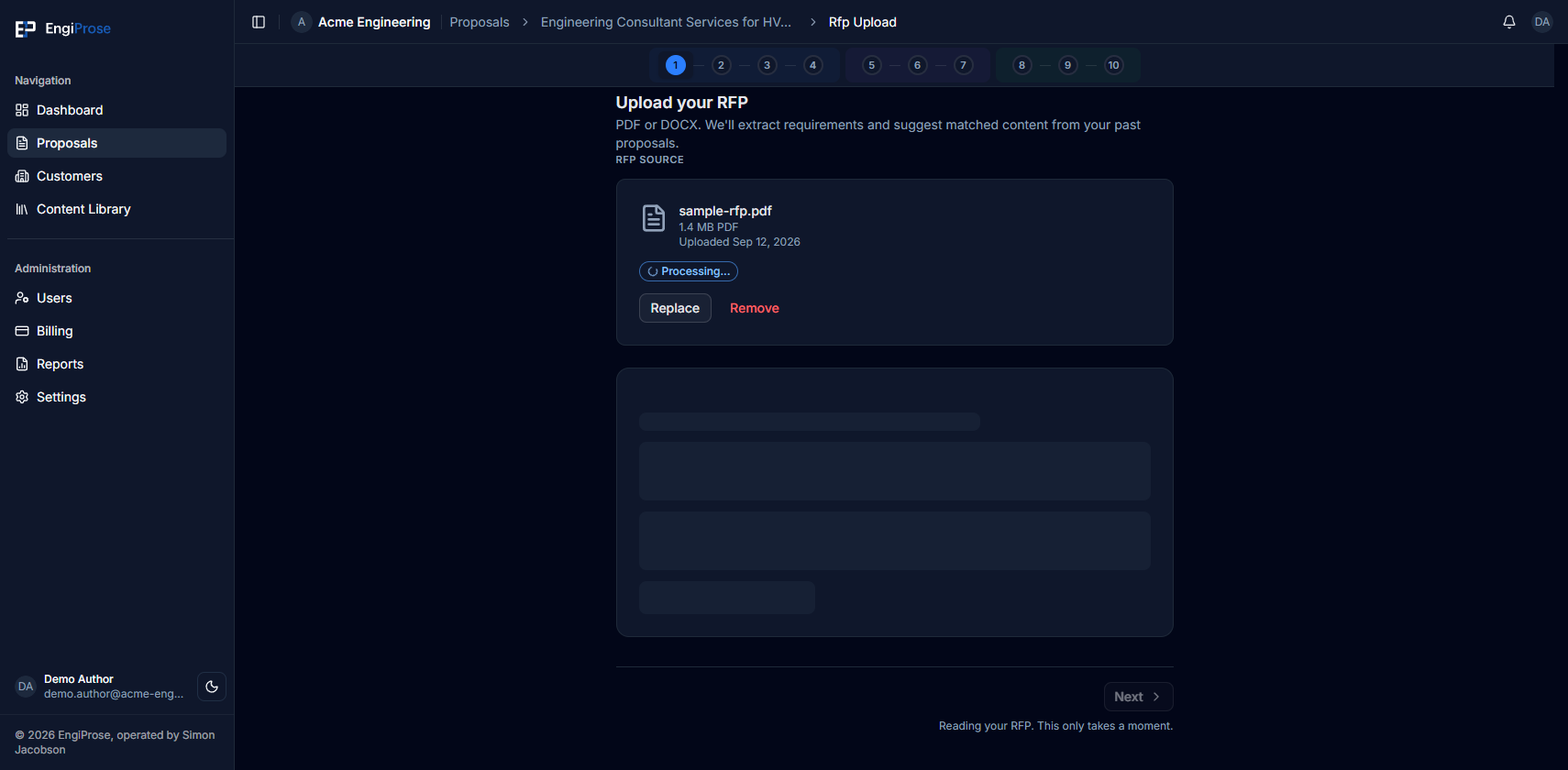 The Upload your RFP step with a file attached and a Processing badge while EngiProse parses it
