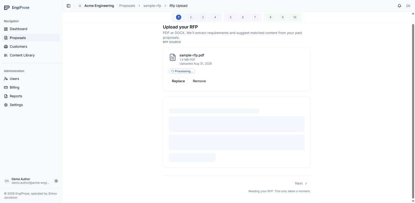 The Upload your RFP step with a file attached and a Processing badge while EngiProse parses it