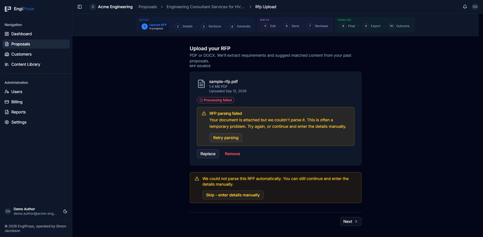A processing failed badge with an RFP parsing failed message, a Retry parsing button, and a warning banner offering Skip - enter details manually