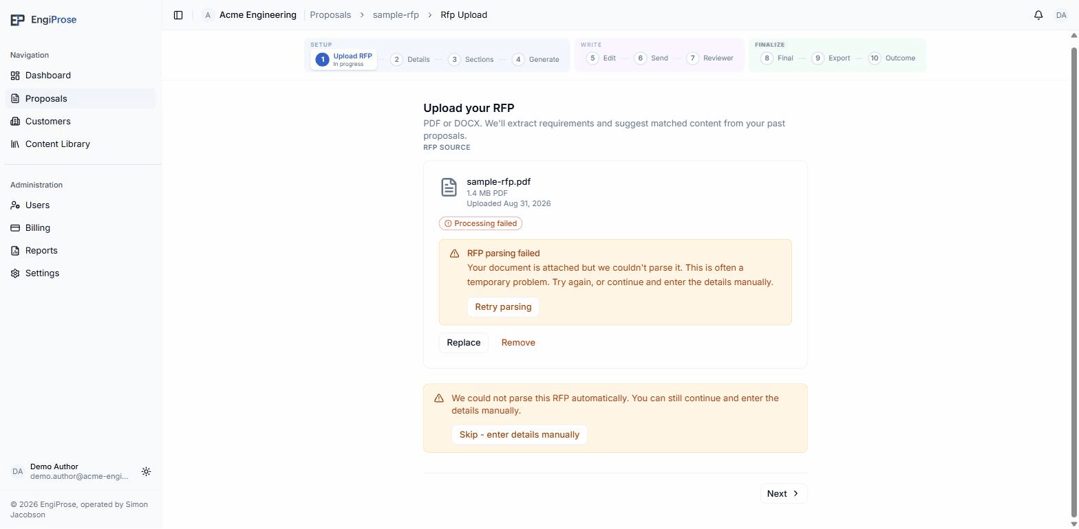 A processing failed badge with an RFP parsing failed message, a Retry parsing button, and a warning banner offering Skip - enter details manually