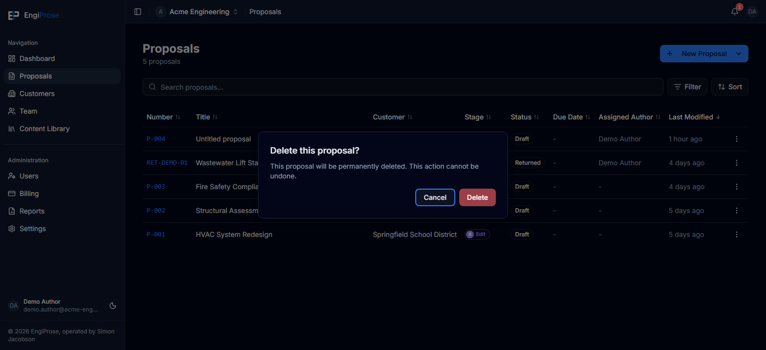 The Acme Engineering Proposals list with a delete confirmation dialog, including Cancel and Delete actions