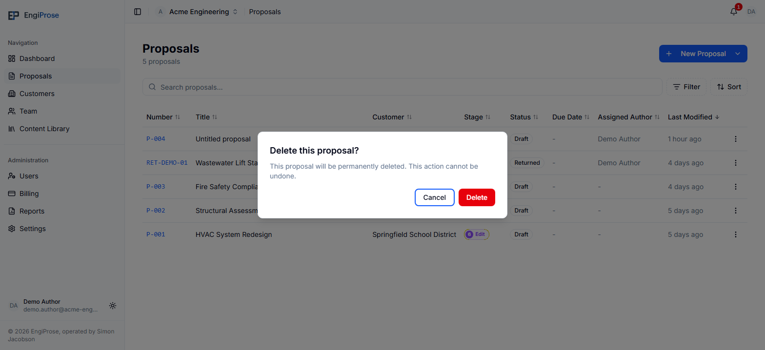 The Acme Engineering Proposals list with a delete confirmation dialog, including Cancel and Delete actions