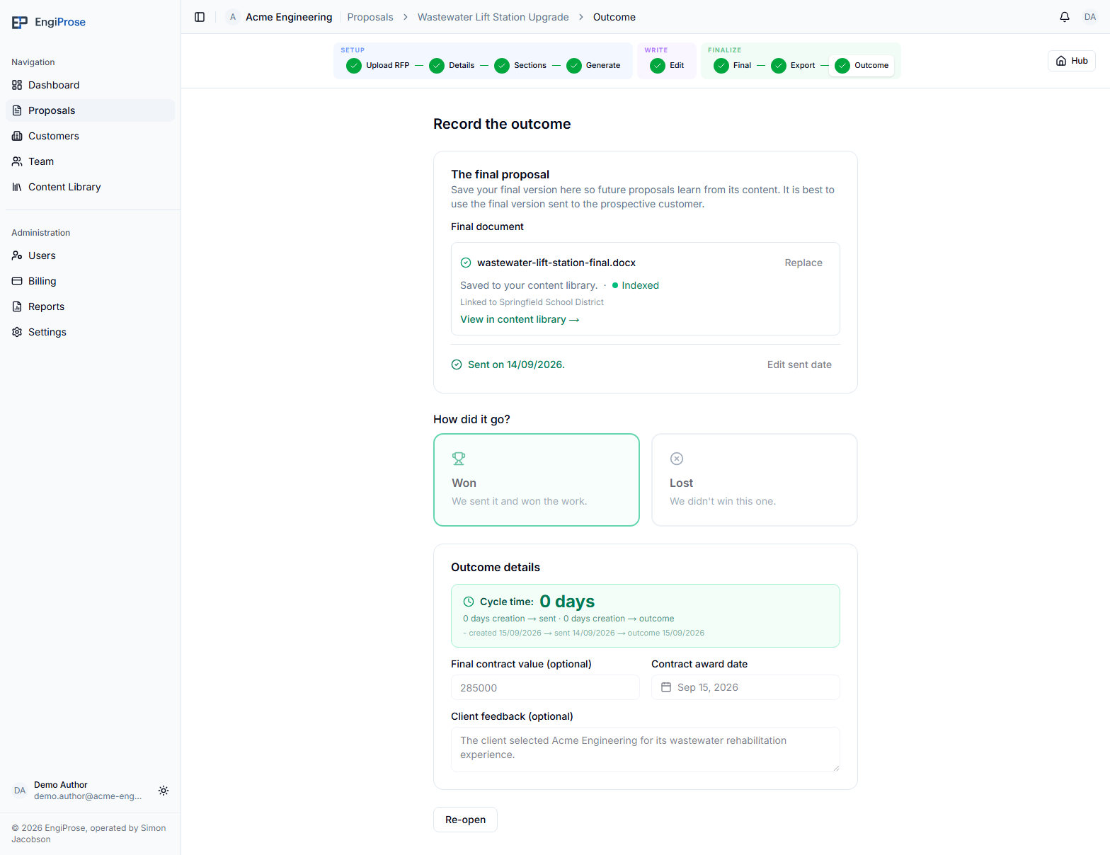 A completed proposal Outcome screen showing its saved final document, recorded Won outcome, cycle time, and the read-only outcome details