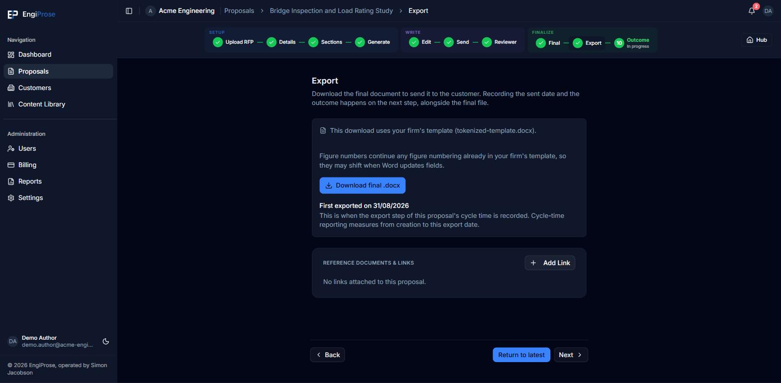 The Export screen after downloading, showing the firm template mode line, the Download final .docx button and a First exported on date with its cycle-time explanation