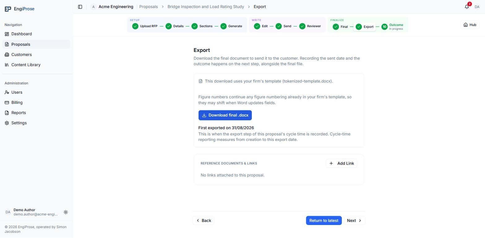 The Export screen after downloading, showing the firm template mode line, the Download final .docx button and a First exported on date with its cycle-time explanation