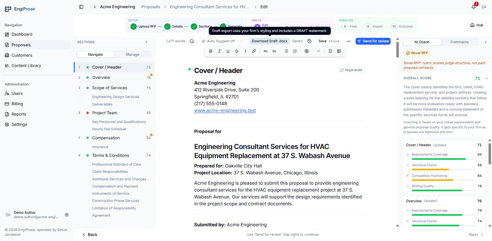 The editor toolbar with a Download Draft .docx tooltip reading Draft export uses your firm's styling and includes a DRAFT watermark