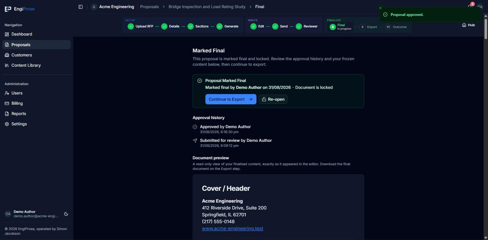 The Final screen with a locked confirmation banner, approval history showing an approved event and a submitted for review event, a Continue to Export button and a Re-open button