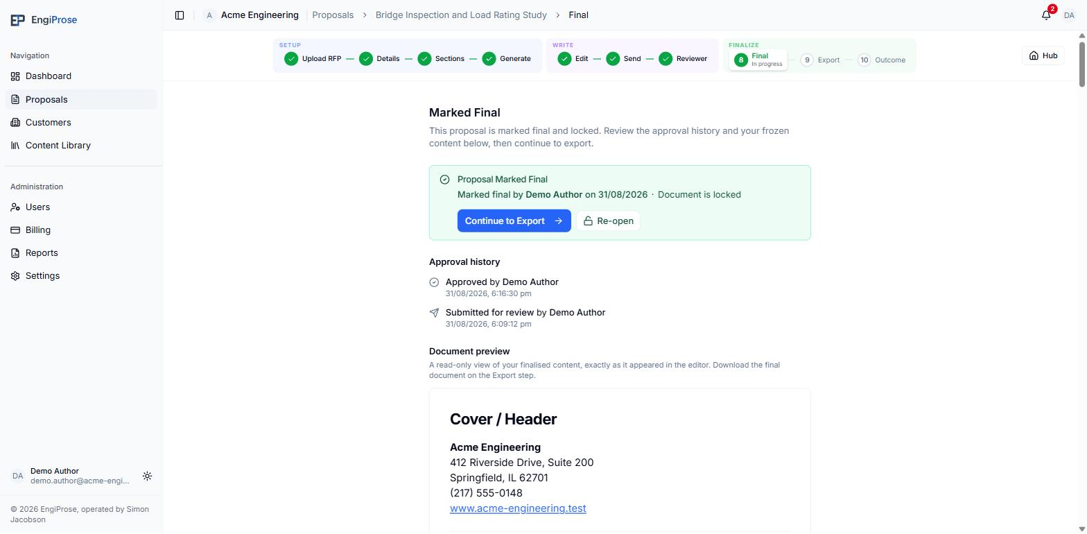 The Final screen with a locked confirmation banner, approval history showing an approved event and a submitted for review event, a Continue to Export button and a Re-open button