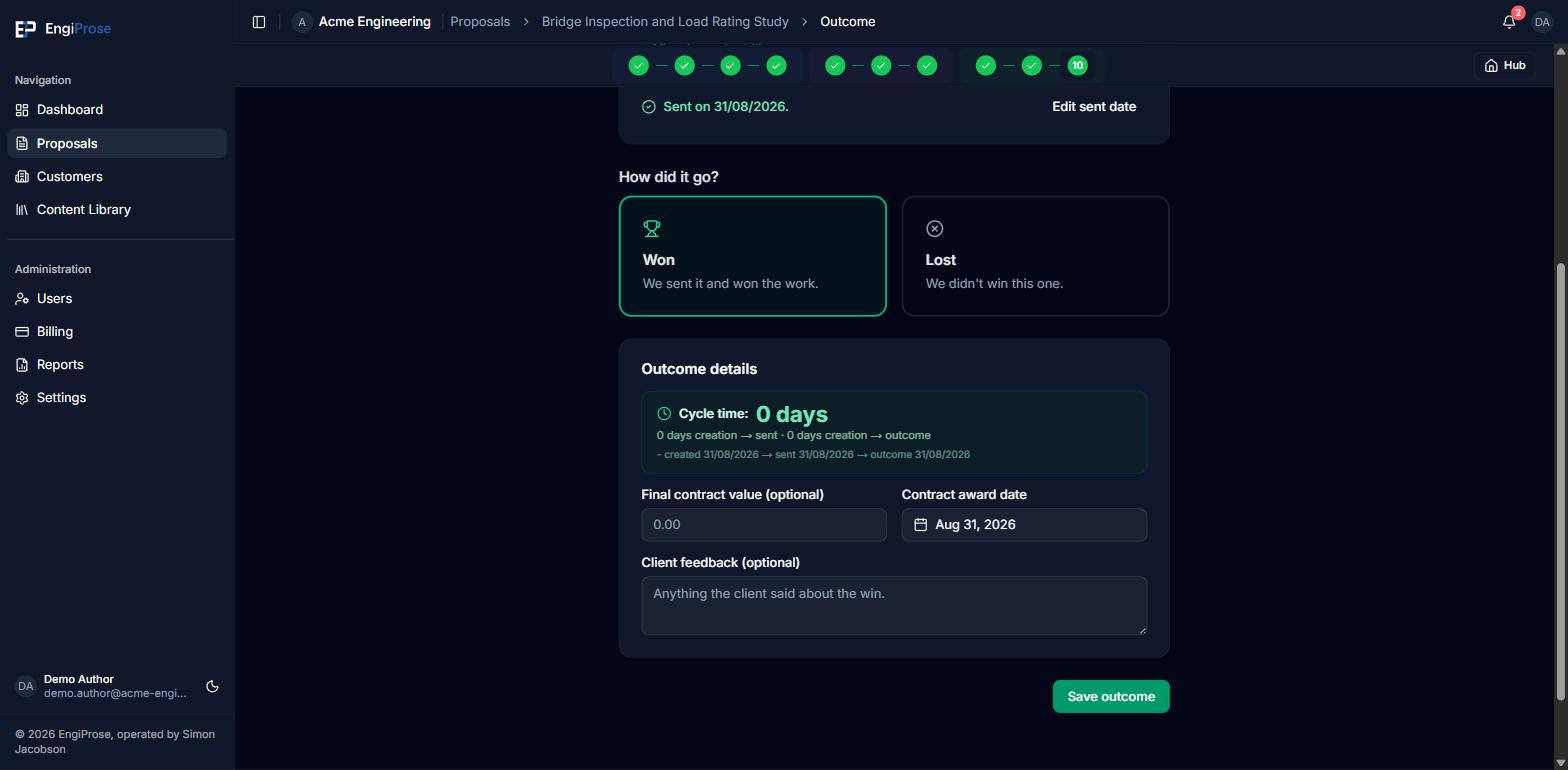 The Won card selected, with cycle time, final contract value, contract award date and client feedback fields