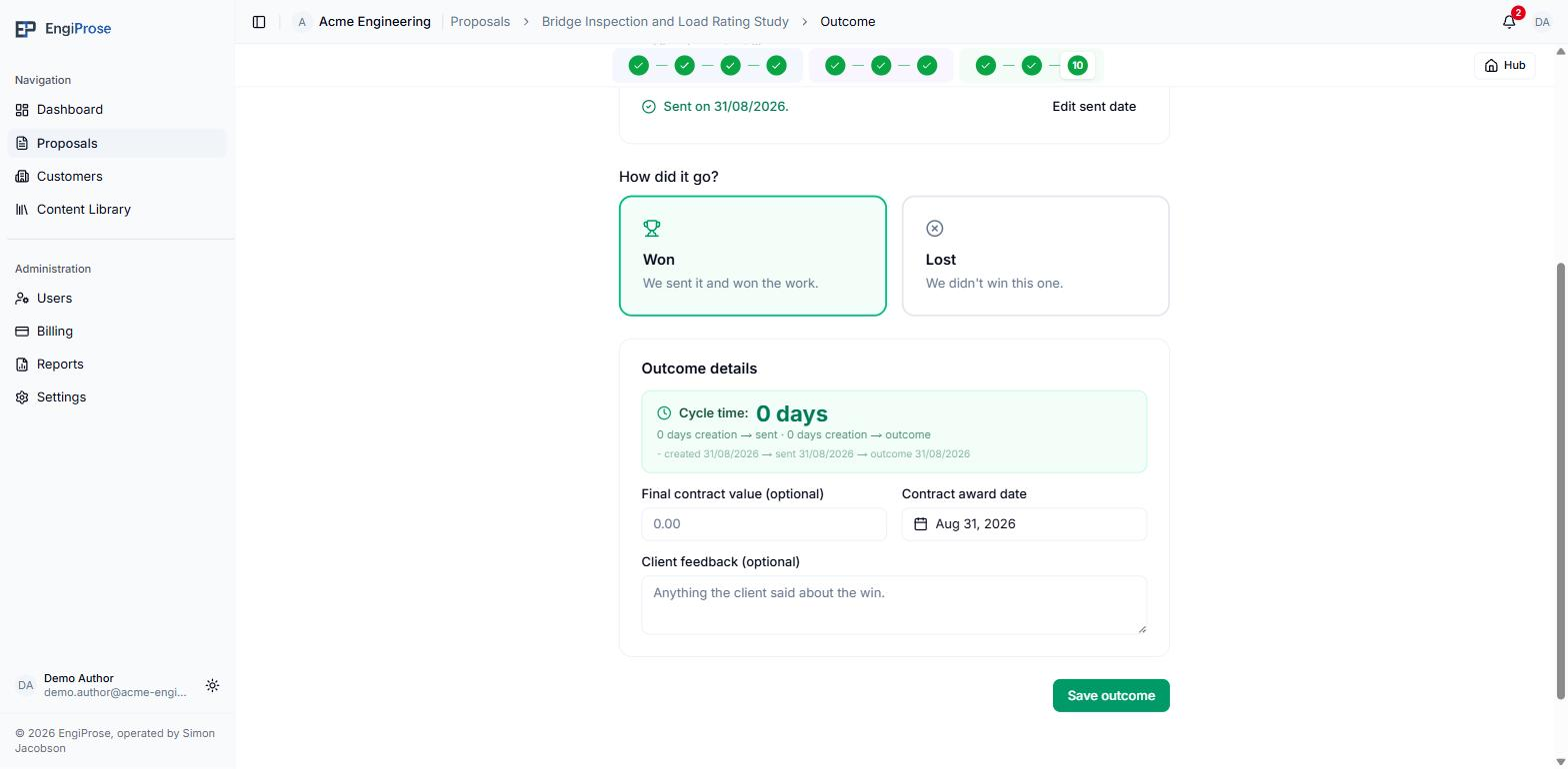 The Won card selected, with cycle time, final contract value, contract award date and client feedback fields