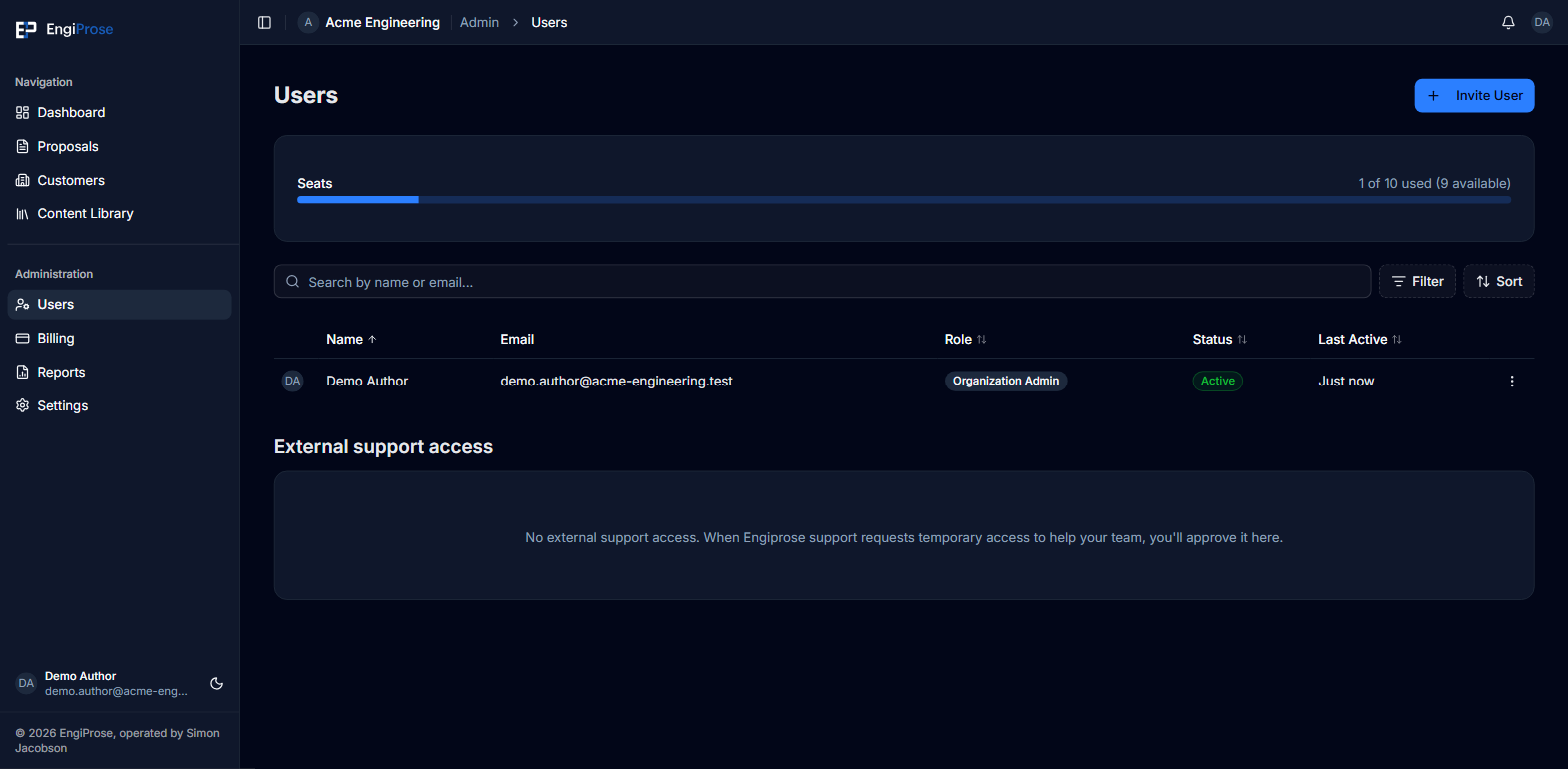 The Users page, showing a seat usage bar reading 1 of 10 used, 9 available