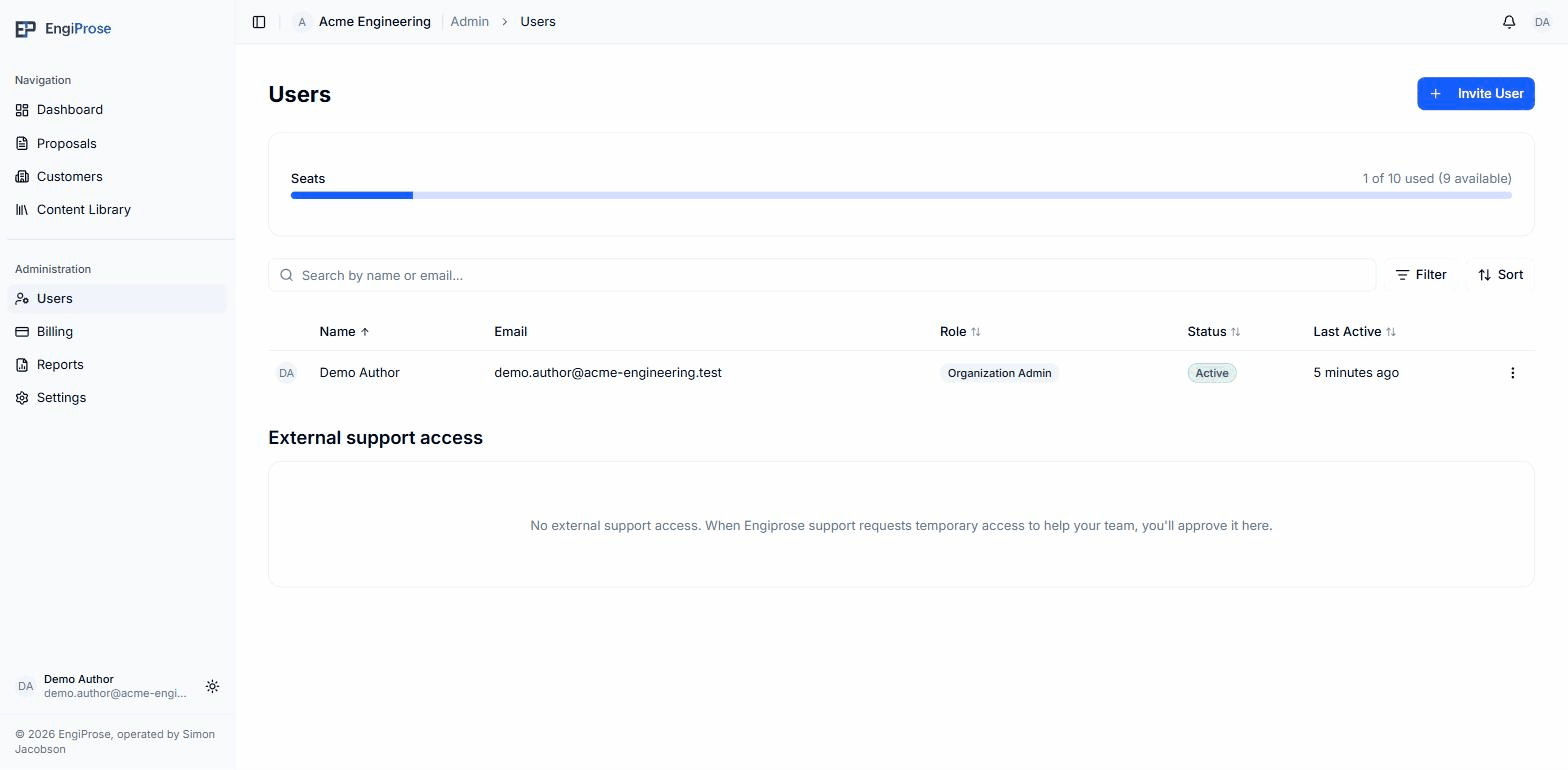 The Users page, showing a seat usage bar reading 1 of 10 used, 9 available
