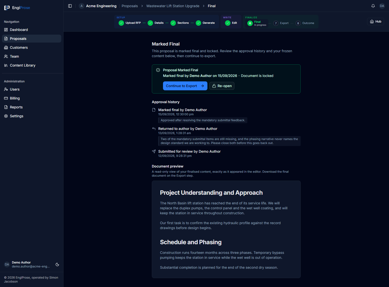 An approved proposal Final screen with the approver byline, locked confirmation, approval history, read-only document preview, and Re-open action