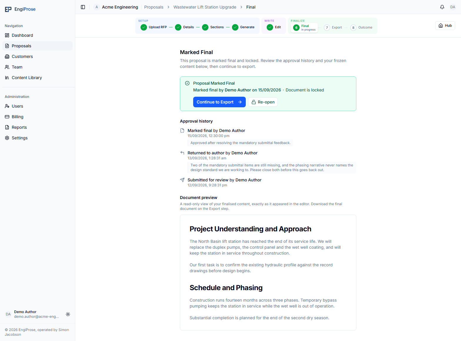 An approved proposal Final screen with the approver byline, locked confirmation, approval history, read-only document preview, and Re-open action
