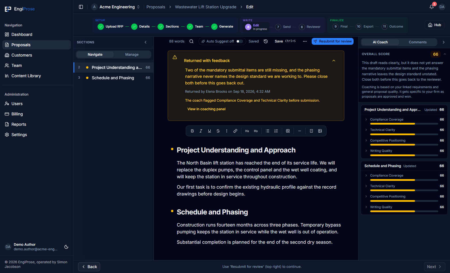 A returned Acme Engineering proposal with feedback, a coaching callback, score cards, editor controls, and the Resubmit for review action