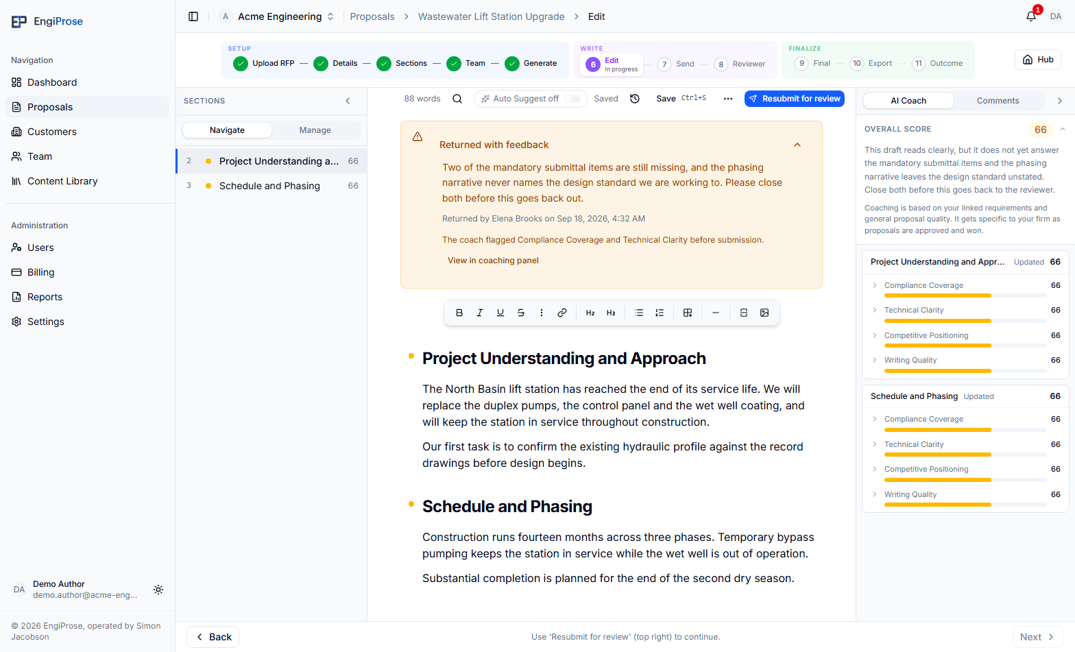 A returned Acme Engineering proposal with feedback, a coaching callback, score cards, editor controls, and the Resubmit for review action