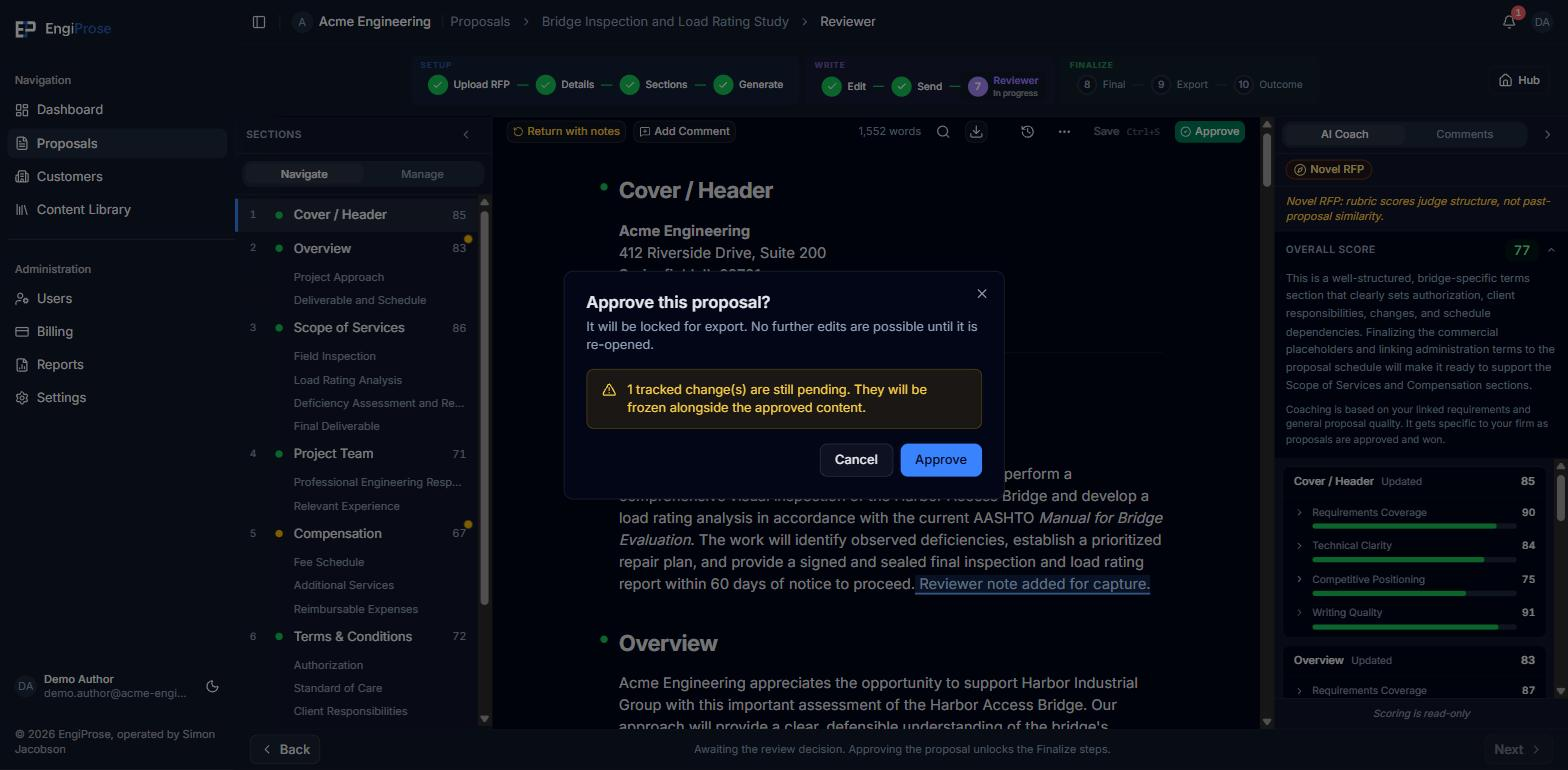 The Approve this proposal confirmation dialog with a warning that one tracked change is still pending and will be frozen alongside the approved content