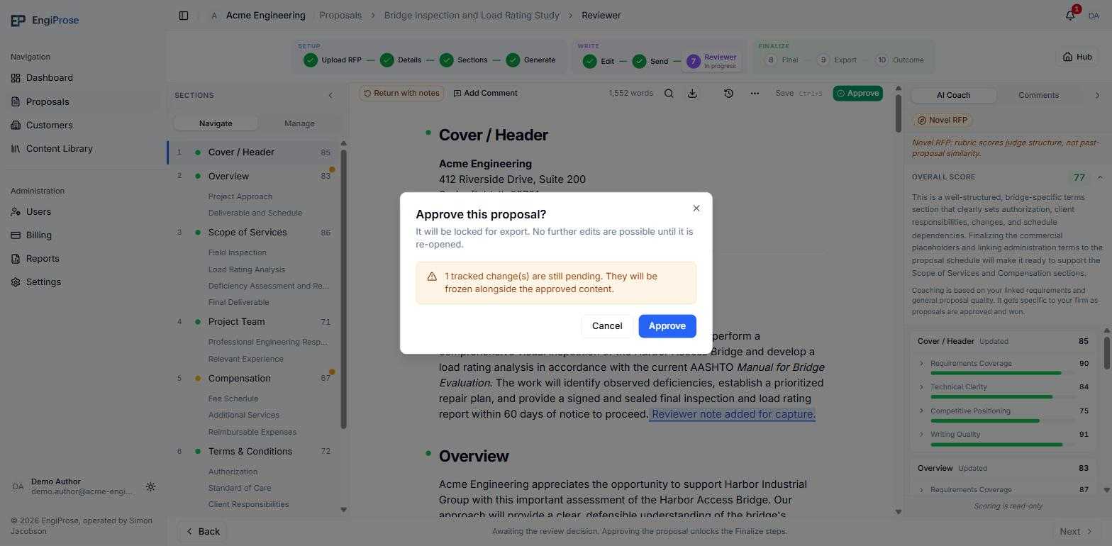 The Approve this proposal confirmation dialog with a warning that one tracked change is still pending and will be frozen alongside the approved content