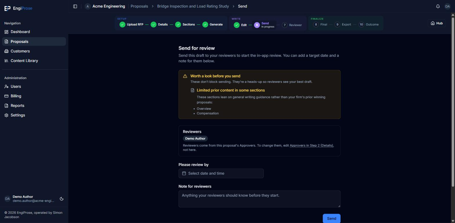 The Send for review screen with a Worth a look before you send banner listing limited prior content in two sections, the Reviewers card showing one reviewer, and the review-by date and note fields