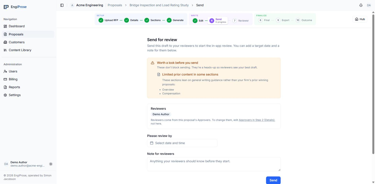 The Send for review screen with a Worth a look before you send banner listing limited prior content in two sections, the Reviewers card showing one reviewer, and the review-by date and note fields