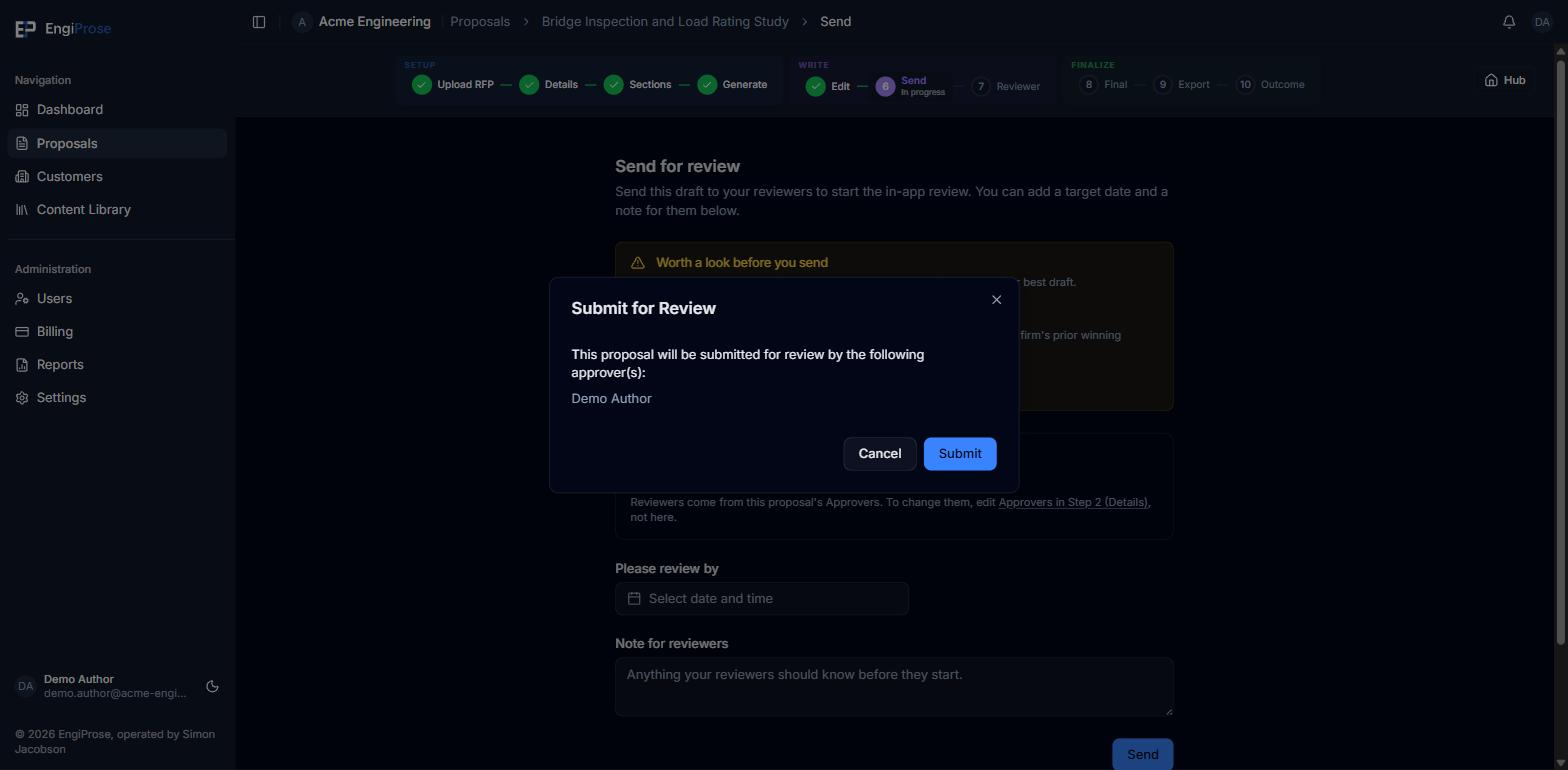 The Submit for Review confirmation dialog listing the approver by name, with Cancel and Submit buttons