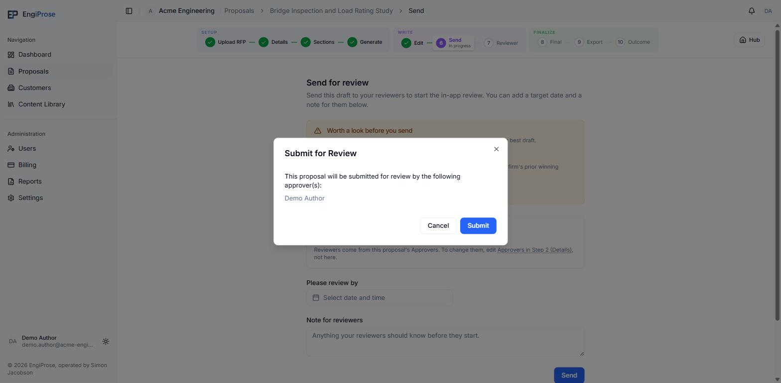 The Submit for Review confirmation dialog listing the approver by name, with Cancel and Submit buttons