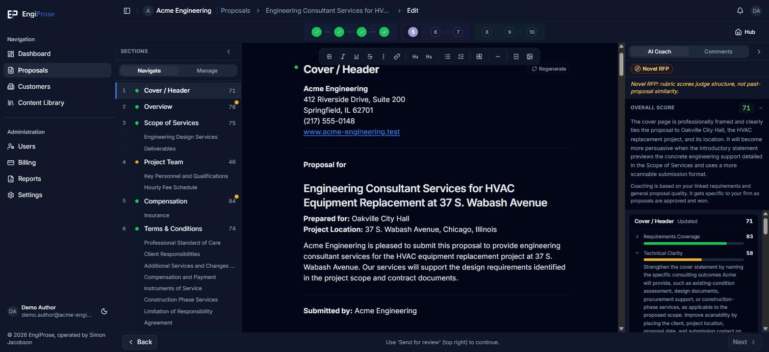 The AI Coach panel showing a section's overall score, its four category rows with score bars, and coaching text expanded for one category
