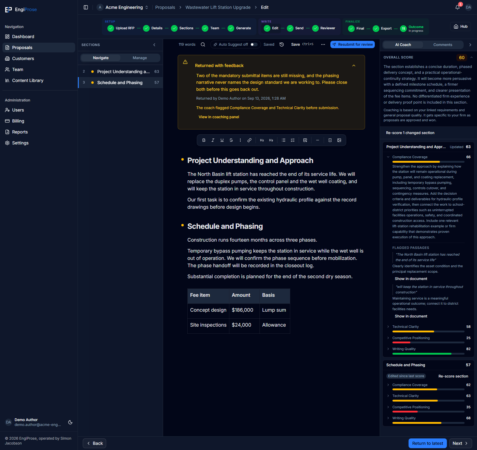 The AI Coach with a renamed Compliance Coverage category, expanded evidence for a current section, and a stale Schedule and Phasing section ready to re-score