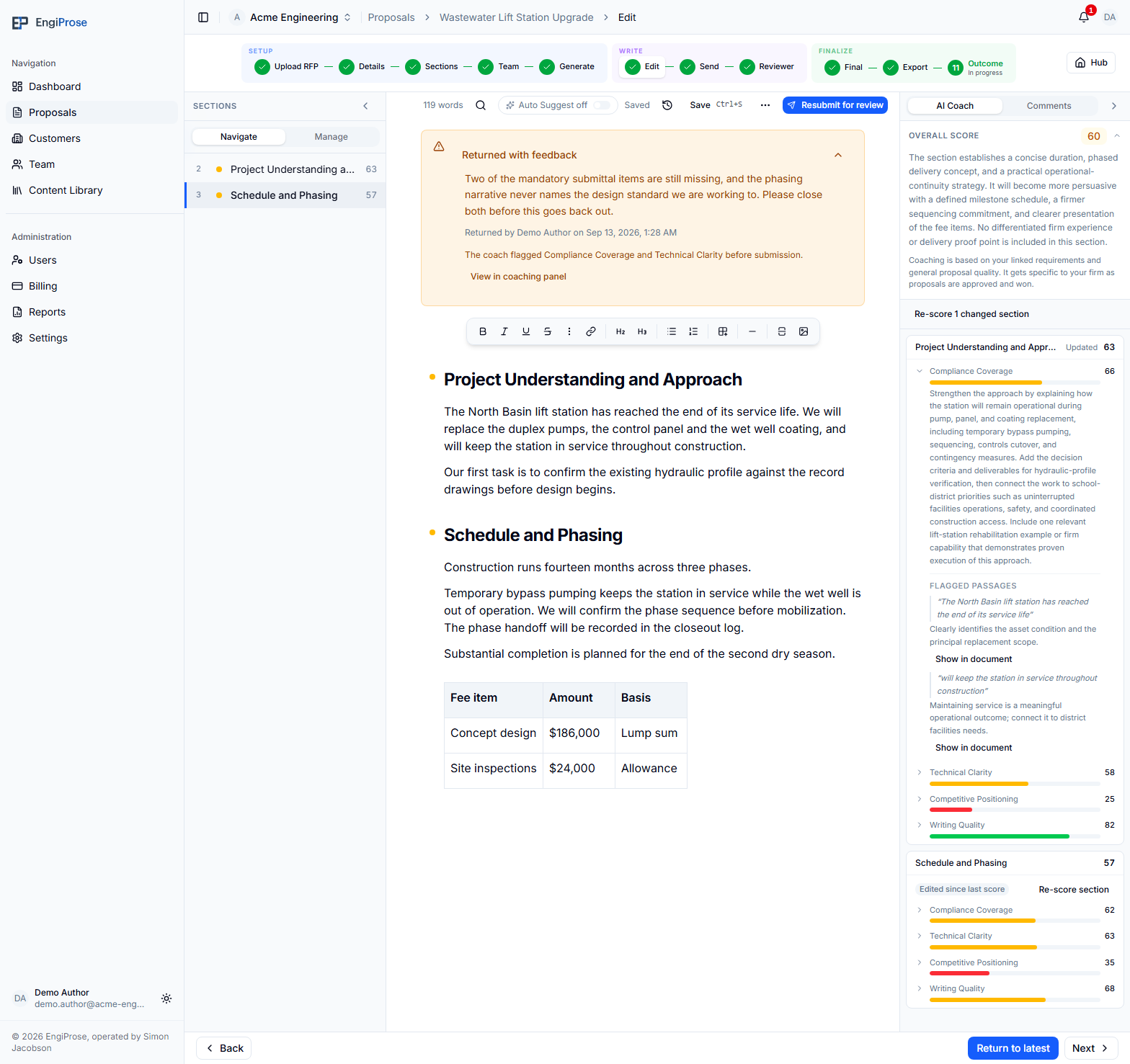 The AI Coach with a renamed Compliance Coverage category, expanded evidence for a current section, and a stale Schedule and Phasing section ready to re-score